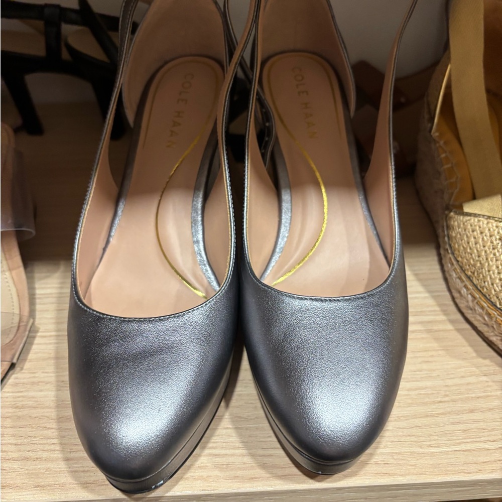Metallic Silver Heel Pumps with Rounded Toe